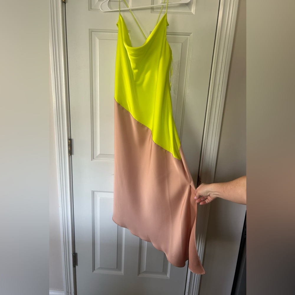 Cushnie Neon Lime and Blush Asymmetrical Slip Dress